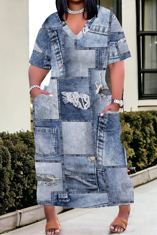 Baby Blue Casual Street Faux Denim Print Pocket V Neck Printed Plus Size Dresses