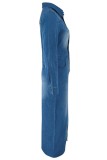 Light Blue Casual Solid Color Buttons Slit Turndown Collar Long Sleeve High Waist Regular Denim Dresses