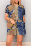 Dark Blue Casual Street Faux Denim Print Draw String Pocket O Neck Loose Rompers