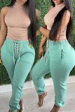 Pink Casual Solid Color Patchwork Cross Straps Regular Mid Waist Pencil Patchwork Bottoms