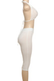 White Sexy Solid Color Patchwork Backless Ruched Halter Sleeveless Two Pieces