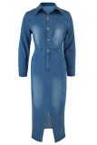 Light Blue Casual Solid Color Buttons Slit Turndown Collar Long Sleeve High Waist Regular Denim Dresses