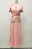 Pink Casual Solid Color Buckle Patchwork Pleated O Neck Short Sleeve Two Pieces
