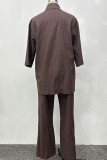 Brown Casual Solid Color Pocket Buckle Patchwork Turndown Collar Three Quarter Two Pieces