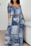 Baby Blue Sexy Street Faux Denim Print Contrast Off Shoulder Printed Dresses