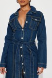 Deep Blue Casual Solid Color Buttons Turndown Collar Long Sleeve Regular Denim Dresses
