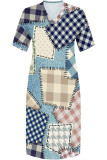 Dark Blue Casual Street Faux Denim Print Pocket V Neck Printed Plus Size Dresses