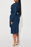 Deep Blue Casual Solid Color Buttons Turndown Collar Long Sleeve Regular Denim Dresses