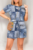 Dark Blue Casual Street Faux Denim Print Draw String Pocket O Neck Loose Rompers