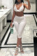 White Sexy Solid Color Patchwork Backless Ruched Halter Sleeveless Two Pieces