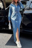 Light Blue Casual Solid Color Buttons Slit Turndown Collar Long Sleeve High Waist Regular Denim Dresses