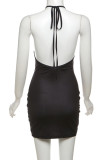 Black Sexy Print Patchwork O Neck Wrapped Skirt Dresses