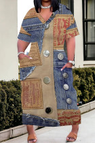 Multicolor Casual Street Faux Denim Print Pocket V Neck Printed Plus Size Dresses