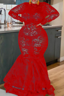 Red Sexy Solid Color Lace Patchwork Mesh Zipper O Neck Long Plus Size Dresses