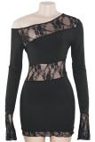 Black Sexy Solid Color Lace Patchwork See-Through Oblique Collar Wrapped Skirt Dresses