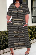 Black Gray Casual Street Faux Denim Print Pocket V Neck Printed Plus Size Dresses
