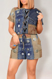 Dark Blue Casual Street Faux Denim Print Draw String Pocket O Neck Loose Rompers