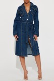 Deep Blue Casual Solid Color Buttons Turndown Collar Long Sleeve Regular Denim Dresses