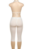 White Sexy Solid Color Patchwork Backless Ruched Halter Sleeveless Two Pieces