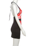Black Sexy Print Patchwork O Neck Wrapped Skirt Dresses