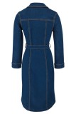 Deep Blue Casual Solid Color Buttons Turndown Collar Long Sleeve Regular Denim Dresses