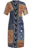 Dark Blue Casual Street Faux Denim Print Pocket V Neck Printed Plus Size Dresses