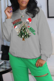 Light Gray Casual Street Santa Hats Print Christmas Tree Letters O Neck Tops
