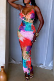 Colour Sexy Print Patchwork Backless Spaghetti Strap Sling Dresses