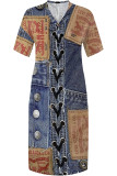 Dark Blue Casual Street Faux Denim Print Pocket V Neck Printed Plus Size Dresses