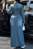 Light Blue Casual Solid Color Buttons Slit Turndown Collar Long Sleeve High Waist Regular Denim Dresses