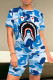 Blue Casual Print Patchwork O Neck Short Sleeve Two Pieces