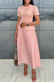 Pink Casual Solid Color Buckle Patchwork Pleated O Neck Short Sleeve Two Pieces