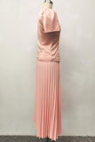 Pink Casual Solid Color Buckle Patchwork Pleated O Neck Short Sleeve Two Pieces