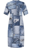 Dark Blue Casual Street Faux Denim Print Pocket V Neck Printed Plus Size Dresses