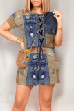 Dark Blue Casual Street Faux Denim Print Draw String Pocket O Neck Loose Rompers