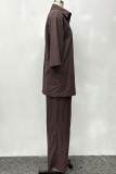 Brown Casual Solid Color Pocket Buckle Patchwork Turndown Collar Three Quarter Two Pieces