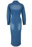 Light Blue Casual Solid Color Buttons Slit Turndown Collar Long Sleeve High Waist Regular Denim Dresses
