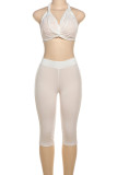 White Sexy Solid Color Patchwork Backless Ruched Halter Sleeveless Two Pieces