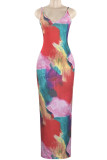 Colour Sexy Print Patchwork Backless Spaghetti Strap Sling Dresses