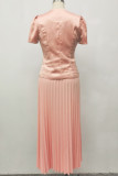 Pink Casual Solid Color Buckle Patchwork Pleated O Neck Short Sleeve Two Pieces