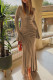 Khaki Elegant Solid Color Patchwork Ruched V Neck Irregular Dresses