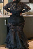 Black Sexy Solid Color Lace Patchwork Mesh Zipper O Neck Long Plus Size Dresses