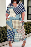 Dark Blue Casual Street Faux Denim Print Pocket V Neck Printed Plus Size Dresses
