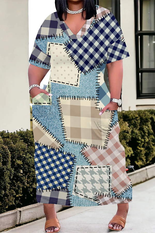 White Blue Casual Street Faux Denim Print Pocket V Neck Printed Plus Size Dresses