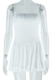White Sexy Solid Color Patchwork Backless Ruched Spaghetti Strap Sling Dresses