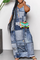 Baby Blue Sexy Faux Denim Print Pocket Contrast V Neck Printed Dresses
