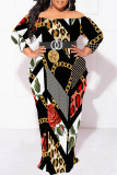 Black Sexy Floral Print Leopard Contrast Off Shoulder Printed Plus Size Dresses(No Belt)
