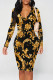 Black Gold Elegant Print Patchwork V Neck Wrapped Skirt Dresses