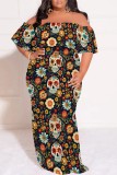 Blue Casual Print Patchwork Off Shoulder Long Plus Size Dresses