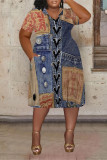Dark Blue Casual Street Faux Denim Print Pocket Contrast V Neck Printed Plus Size Dresses